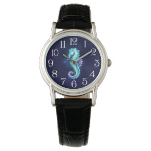 Crystal Ice Seahorse op blauwe achtergrond Horloge