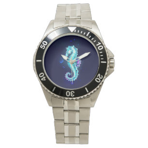 Crystal Ice Seahorse op blauwe achtergrond Horloge