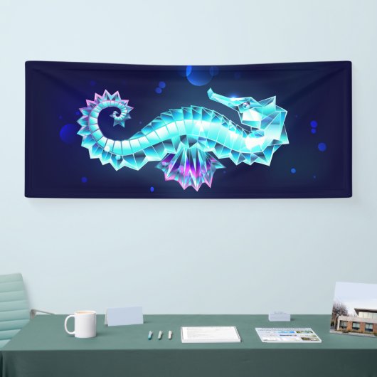 Crystal Ice Seahorse op blauwe achtergrond Spandoek (Beurs)