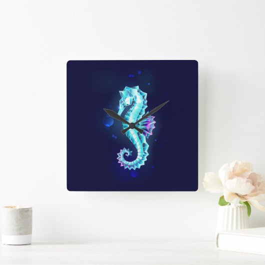 Crystal Ice Seahorse op blauwe achtergrond Vierkante Klok (Huis)