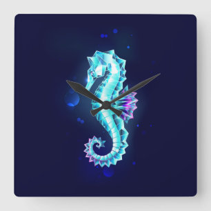 Crystal Ice Seahorse op blauwe achtergrond Vierkante Klok