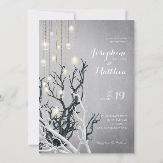 Crystal Light String White Branch Grey Wedding Kaart (Voorkant)