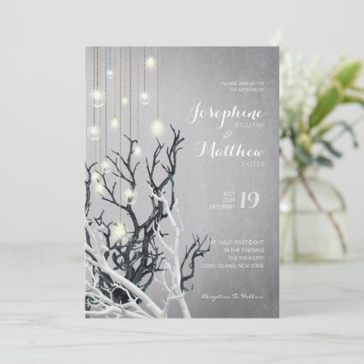 Crystal Light String White Branch Grey Wedding Kaart (Staand voorkant)