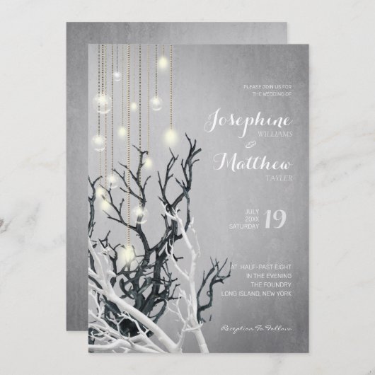Crystal Light String White Branch Grey Wedding Kaart (Voorkant / Achterkant)