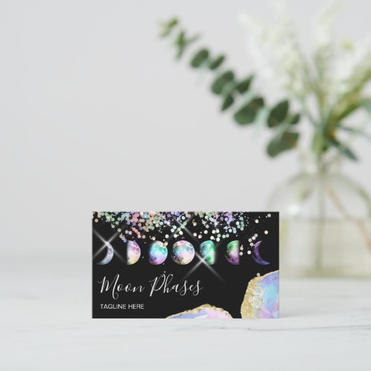 Crystal Moon Phases Celestial Holograaf Mystical Visitekaartje (Staand voorkant)