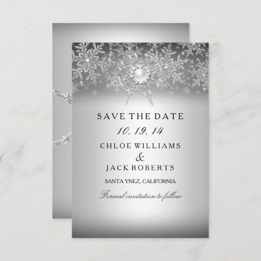 Crystal Pearl Snowflake Silver Save the Date (Voorkant / Achterkant)