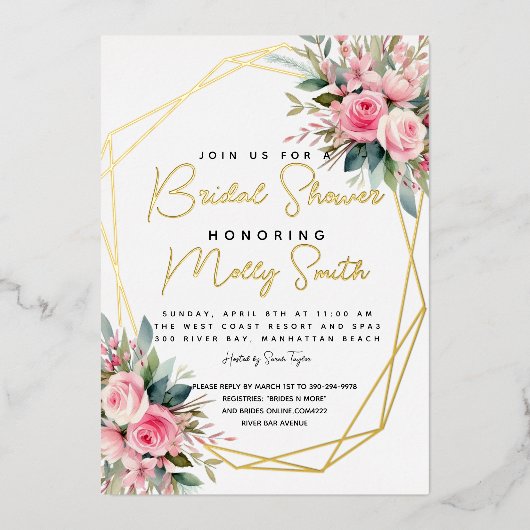 Crystal Pink Peach Rozen Waterverf Vrijgezellenfee Folie Uitnodiging (Voorkant)