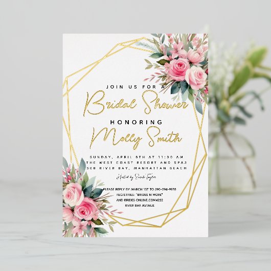 Crystal Pink Peach Rozen Waterverf Vrijgezellenfee Folie Uitnodiging (Staand Voorkant)