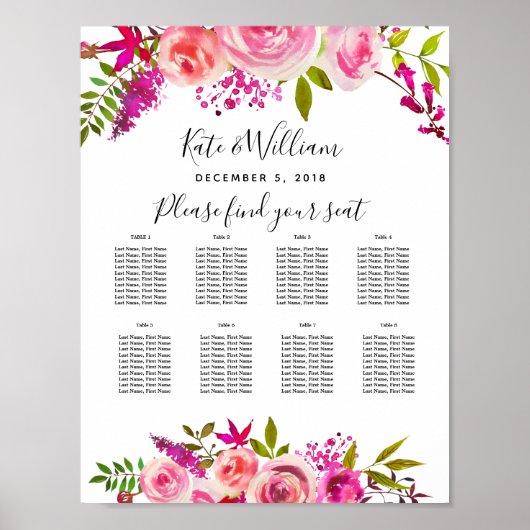 crystal Pink Rozen Table planparty/bruiloft Poster (Voorkant)