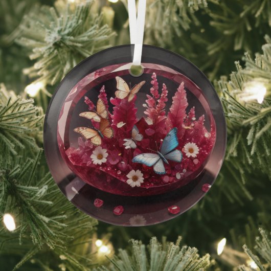 Crystal Ruby Flower Garden Butterflies Glas Ornament (Insitu)