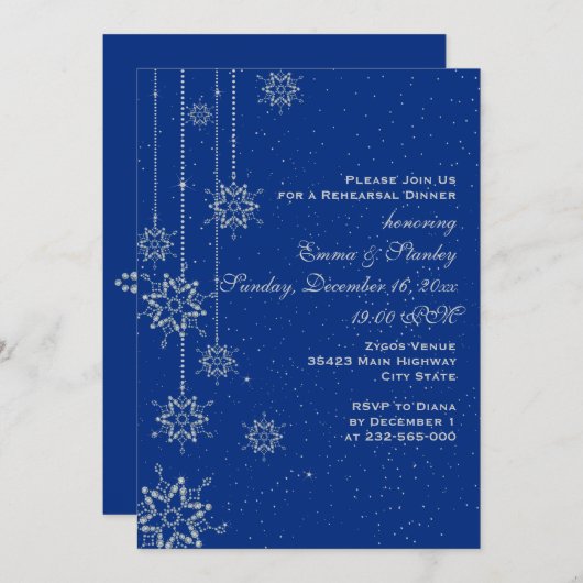 Crystal sneeuwvlokken blauw bruiloft repetitie din kaart (Voorkant / Achterkant)