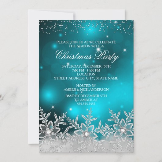 Crystal Snowflake Blauwgroen kerstfeest Uitnodigin Kaart (Voorkant)