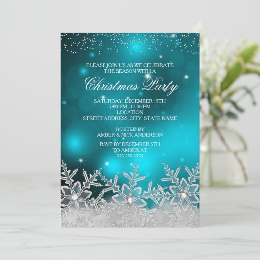 Crystal Snowflake Blauwgroen kerstfeest Uitnodigin Kaart (Staand voorkant)