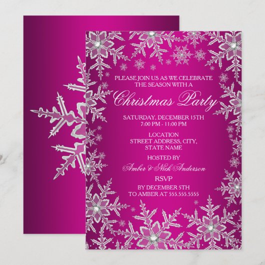 Crystal Snowflake Hot Pink kerstparty uitgenodigd Kaart (Voorkant / Achterkant)