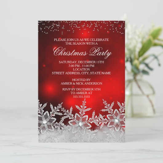 Crystal Snowflake Red-kerstfeest uitgenodigd Kaart (Staand voorkant)