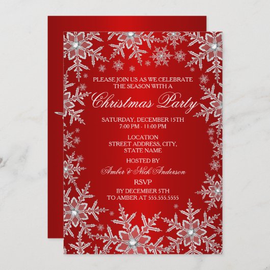 Crystal Snowflake Red-kerstfeest uitgenodigd Kaart (Voorkant / Achterkant)