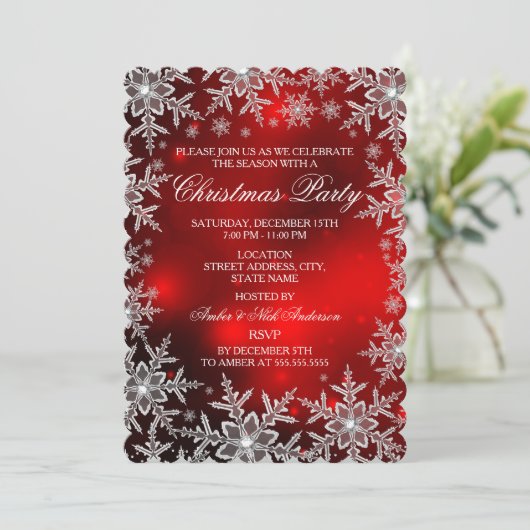 Crystal Snowflake Red Kerstparty Scall Kaart (Staand voorkant)