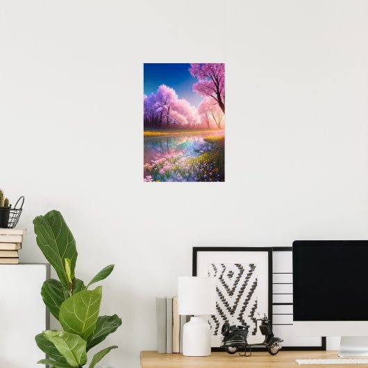 Crystal Stream en bloeiende veld van bloemen Poster (Thuiskantoor)