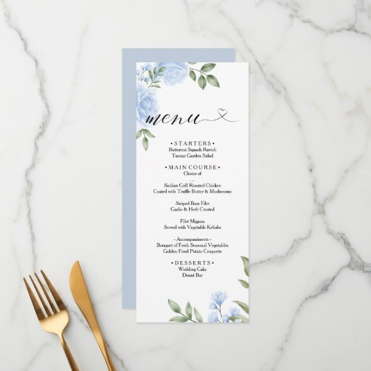 CRYSTAL Wedding Menu / Blue Roos Waterverf Floral (Voorkant / Achterkant in situ)
