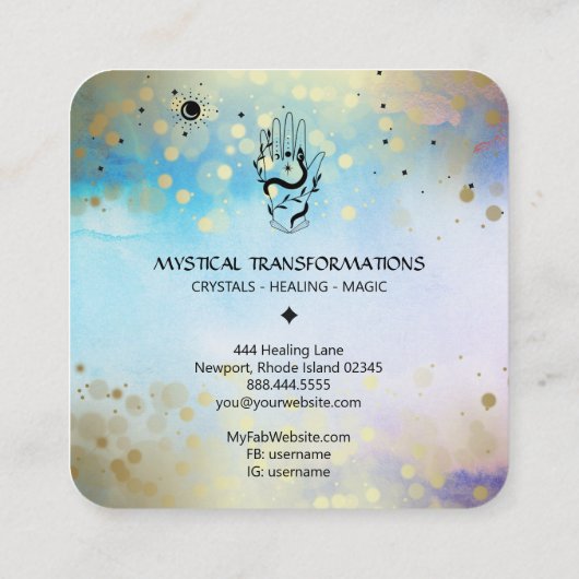 *~* Crystals Hand Snake Moon Magic Boho Blue Vierkante Visitekaartje (Achterkant)