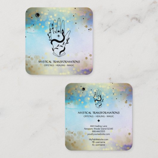 *~* Crystals Hand Snake Moon Magic Boho Blue Vierkante Visitekaartje (Voorkant / Achterkant)