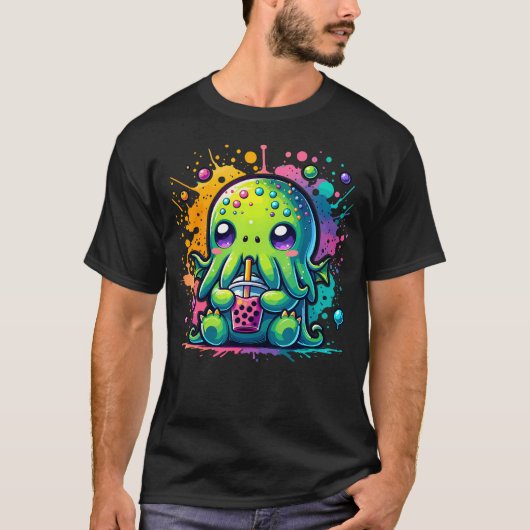 Cthulhu Kawaii Anime Alien Bubble Tea T-shirt (Voorkant)