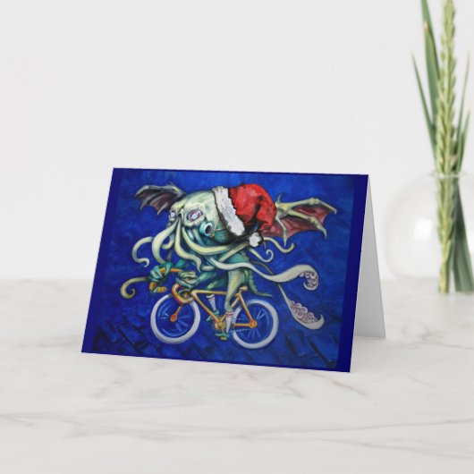 Cthulhu op een Fiets Feestdagen Kaart (Voorkant)