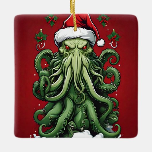 Cthulhu's Yuletide Reign: Een angstaanjagende Kers Keramisch Ornament (Voorkant)