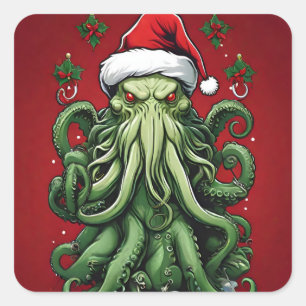 Cthulhu's Yuletide Reign: Een angstaanjagende Kers Vierkante Sticker