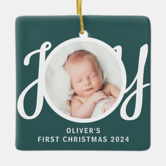 Cuaton naam eerste kerst foto groene Keepsake Keramisch Ornament (Voorkant)