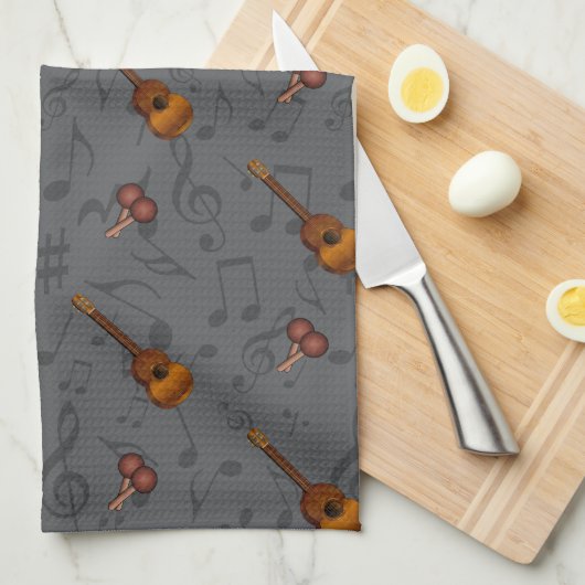 Cuatro and Maracas with Music Notes on DARK GREY Theedoek (Quarter Fold)