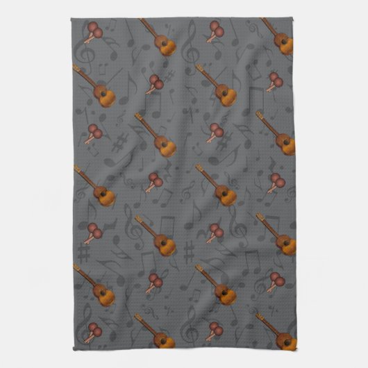 Cuatro and Maracas with Music Notes on DARK GREY Theedoek (Verticaal)