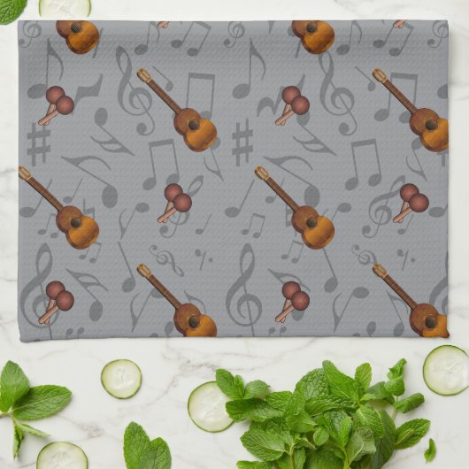 Cuatro and Maracas with Music Notes on LIGHT GREY Theedoek (Gevouwen)