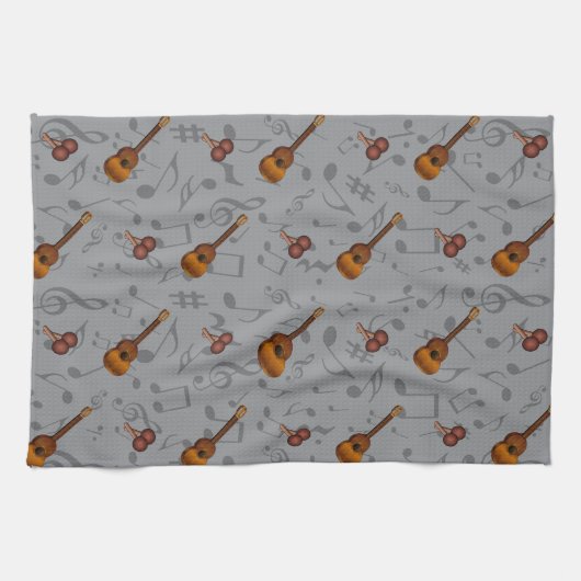 Cuatro and Maracas with Music Notes on LIGHT GREY Theedoek (Horizontaal)