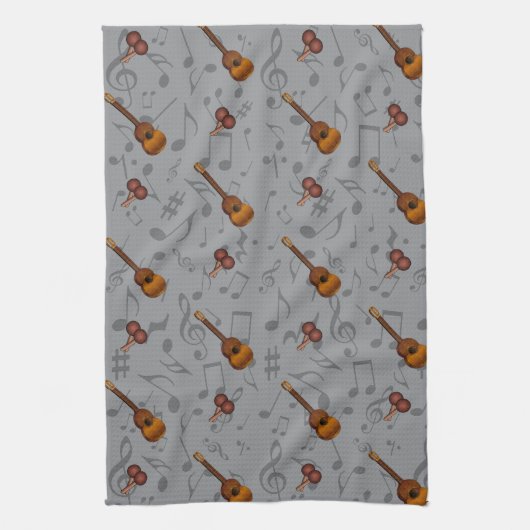 Cuatro and Maracas with Music Notes on LIGHT GREY Theedoek (Verticaal)