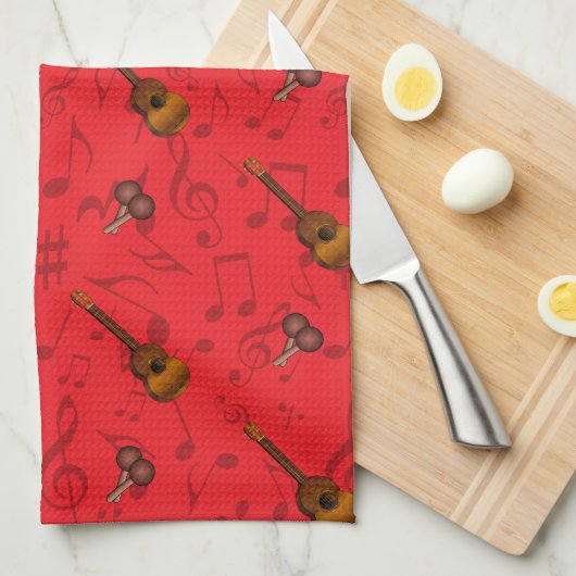 Cuatro and Maracas with Music Notes on RED Theedoek (Quarter Fold)