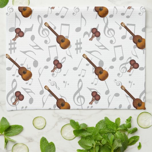 Cuatro and Maracas with Music Notes on WHITE Theedoek (Gevouwen)