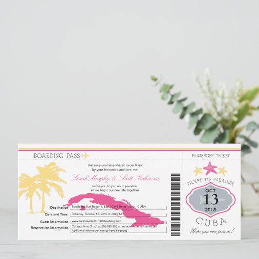 Cuba Boarding Pass Wedding Kaart (Staand voorkant)