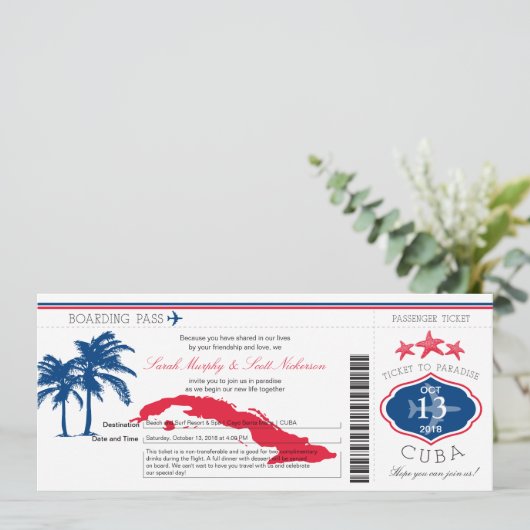 Cuba Boarding Pass Wedding Kaart (Staand voorkant)