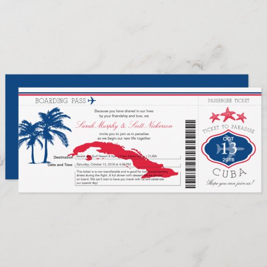 Cuba Boarding Pass Wedding Kaart (Voorkant / Achterkant)
