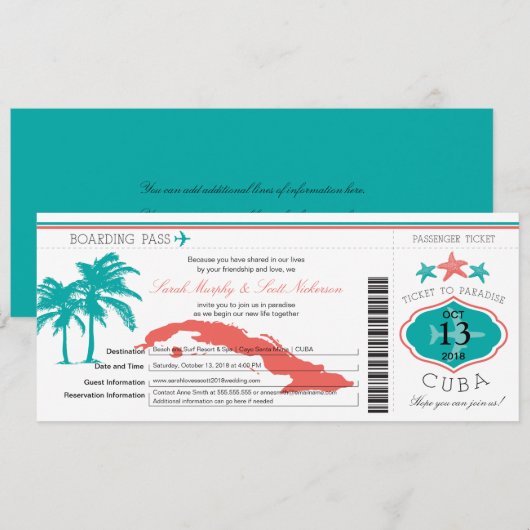 Cuba Boarding Pass Wedding Kaart (Voorkant / Achterkant)