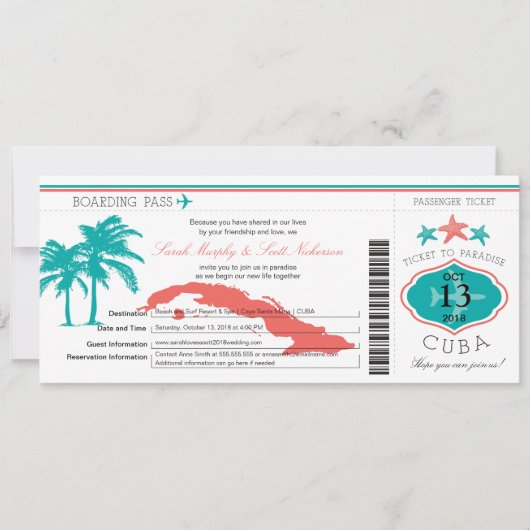 Cuba Boarding Pass Wedding Kaart (Voorkant)