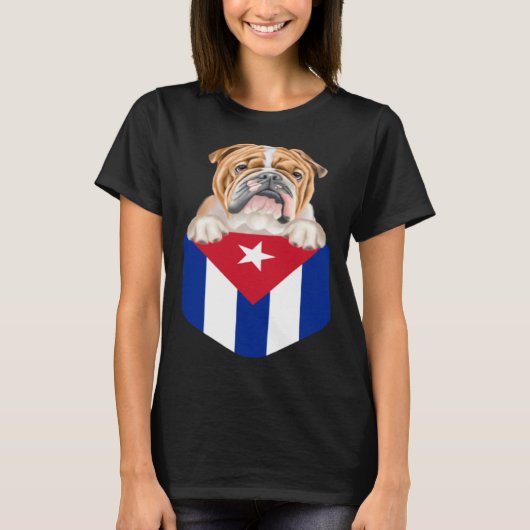Cuba Flag Bulldog Dog In Pocket T-shirt (Voorkant)