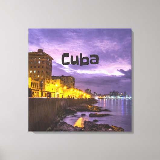 Cuba Havana Shoreline Citylights bij nacht Canvas Afdruk (Voorkant)