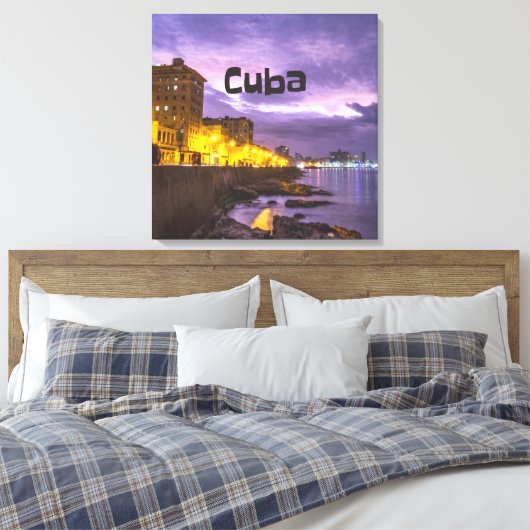 Cuba Havana Shoreline Citylights bij nacht Canvas Afdruk (Insitu (Slaapkamer))