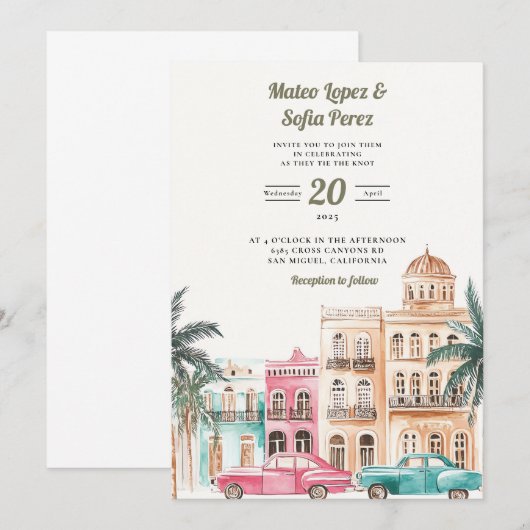 Cuba Havana Waterverf huwelijksuitnodiging Kaart (Voorkant / Achterkant)