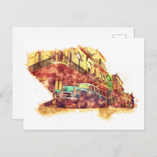 Cuba Havana, Waterverf Sketch Art  stijl Briefkaart (Voorkant / Achterkant)