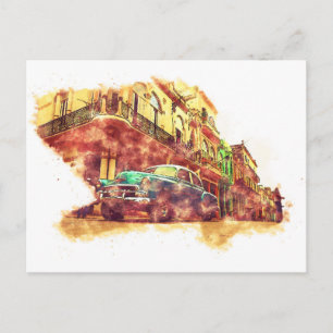 Cuba Havana, Waterverf Sketch Art  stijl Briefkaart
