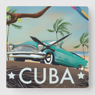 Cuba  retro Travel print Vierkante Klok