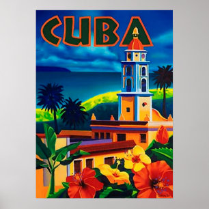Cuba, tropisch eiland, stadstoren, vintage, reizen poster
